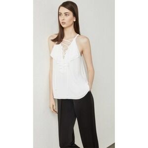 BCBGMAXAZRIA White Ruffle Lace Up‎ Halter Neck Sleeveless Tank Top XXS